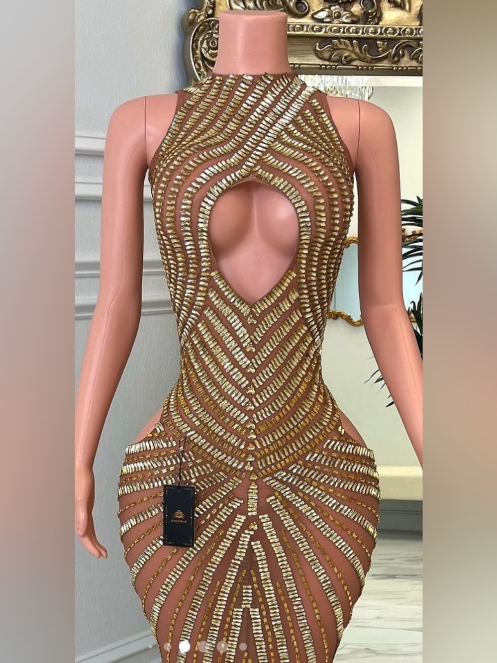 Gold Sequined Backless Halter Cutout Bodycon Dress